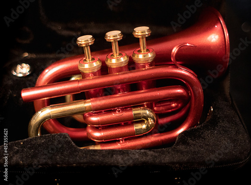 red pocket trumpet isolated in black case
