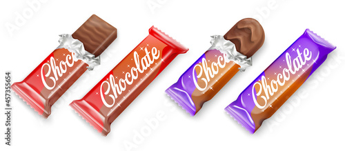 Chocolate bar in opened purple wrapped and foil