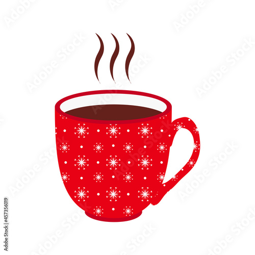 Red cute mug with hot chocolate, tea or coffee with New Year's print isolated on white background. Vector.