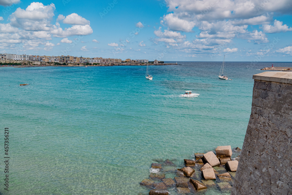 Fototapeta premium OTRANTO. LECCE. SUMMER 2021. Sunny day in the beautiful Otranto. View of the tourist port and gulf
