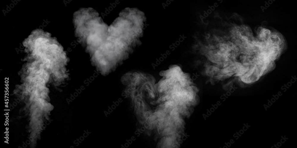 A set of various white vapors, smoke on a black background to add to your pictures. Heart shape, shape of a cloud