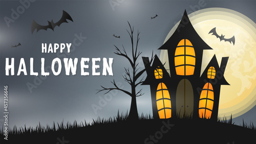Happy Halloween handwritten with Haunted Castle and Big Moon and bat at night in Halloween , Flat Modern design , illustration Vector EPS 10