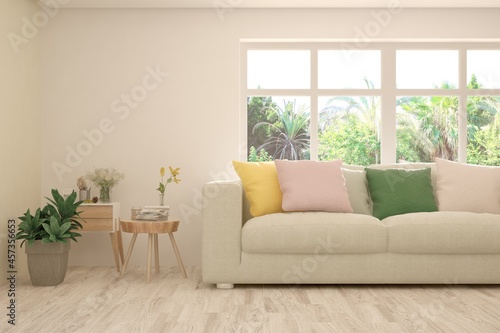 White living room with sofa and summer landscape in window. Scandinavian interior design. 3D illustration