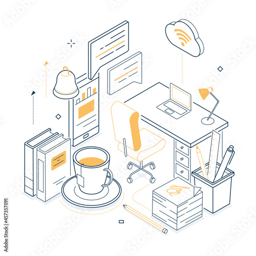 Home office - isometric black and yellow line illustration