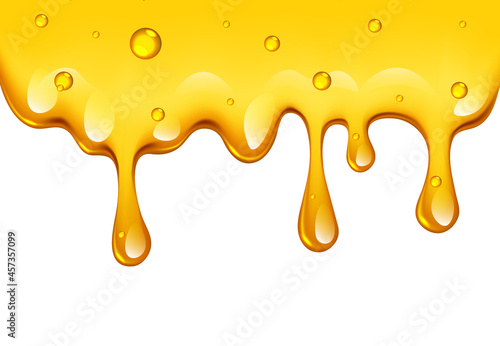 Realistic golden dripping honey border on white background, vector illustration