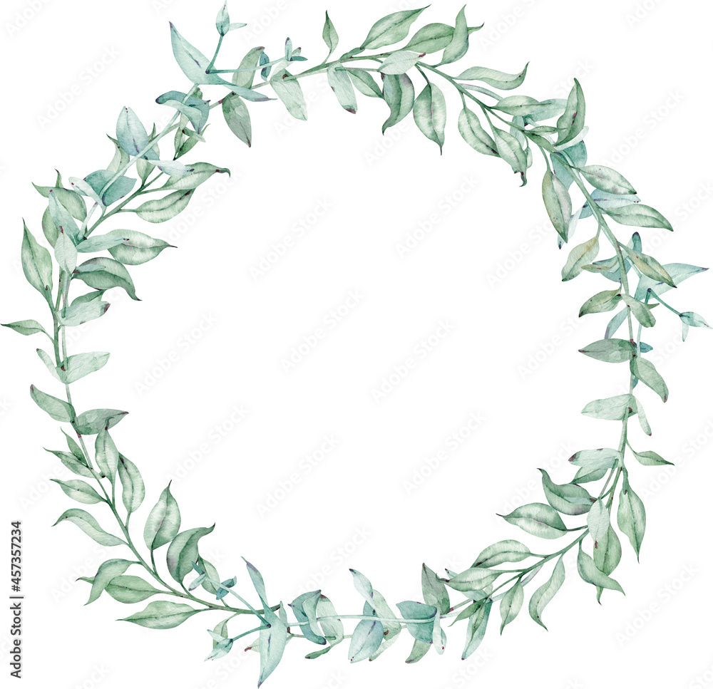Watercolor wreath with green eucalyptus leaves. Summer greenery template. Wedding floral invitation frame. Template for your text.