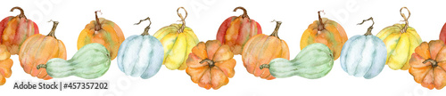 Watercolor horizontal seamless border with pumpkins. Hand-drawn Thanksgiving illustration. Seamless header isolated on the white background.