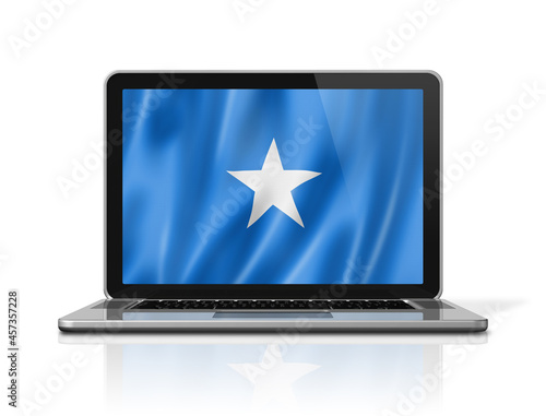 Fototapeta Naklejka Na Ścianę i Meble -  Somalian flag on laptop screen isolated on white. 3D illustration