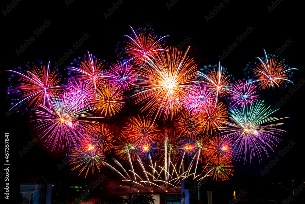 beautiful firework display set for celebration happy new year and merry christmas and  fireworks on black background