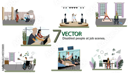 set of disabled people at job scenes, plumber with leg prosthesis, disabled woman in wheelchair doing yoga, Visually impaired male Physical Therapist.