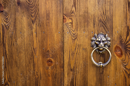 Close-up of the lion-shaped gate opening handle. Fired timber gate.