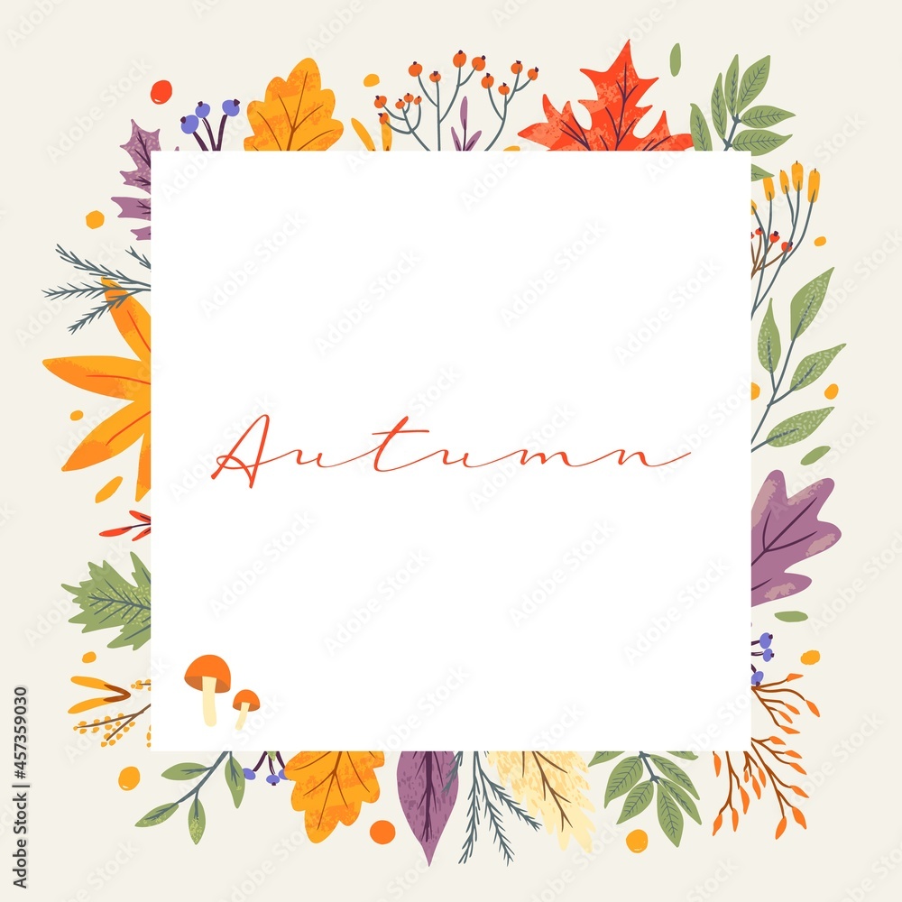 Banner template decorated with autumn trendy elements and text. falling leaves berry and mushroom. Scrapbook set of fall season elements. Flat natural vector illustration for advertisement, promotion Banner template decorated with autumn trendy elements and text. falling leaves berry and mushroom. Scrapbook set of fall season elements. Flat natural vector illustration for advertisement, promotion