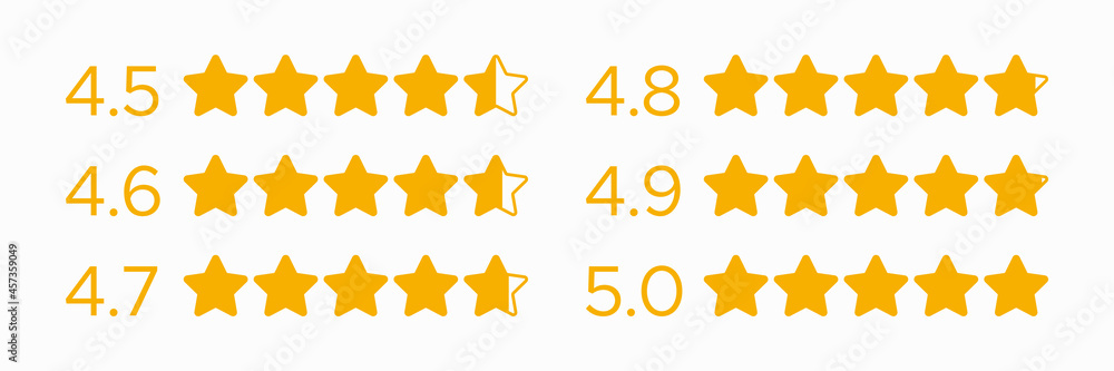 Set of Five Rating Stars Icon. Yellow Star Badge Collection isolated on White Background. Flat Vector Icon Design Template Element for Website or App and Stock Infographics. Set of Five Rating Stars Icon. Yellow Star Badge Collection isolated on White Background. Flat Vector Icon Design Template Element for Website or App and Stock Infographics.