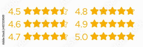Set of Five Rating Stars Icon. Yellow Star Badge Collection isolated on White Background. Flat Vector Icon Design Template Element for Website or App and Stock Infographics.