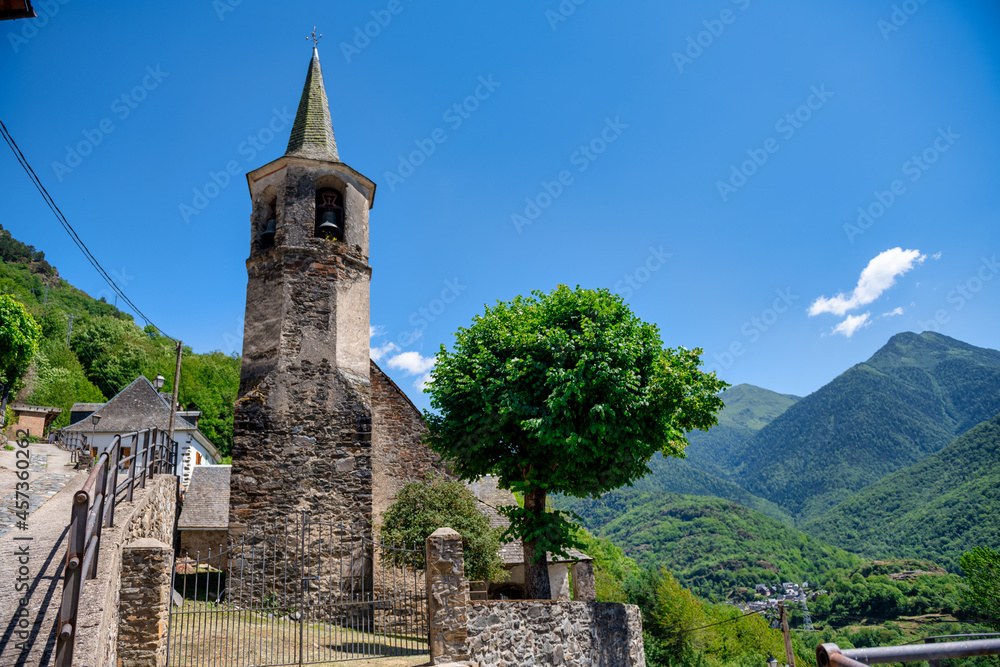 Romanesque church of San Martí, in the Pyrenean village of Arró, located in the Aran Valley, Spain.