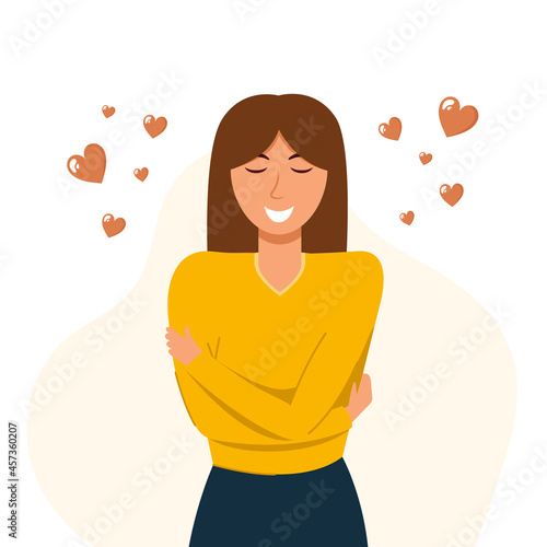 Woman self-love concept. Love yourself. Self-esteem. Woman in love with her body. Vector illustration.