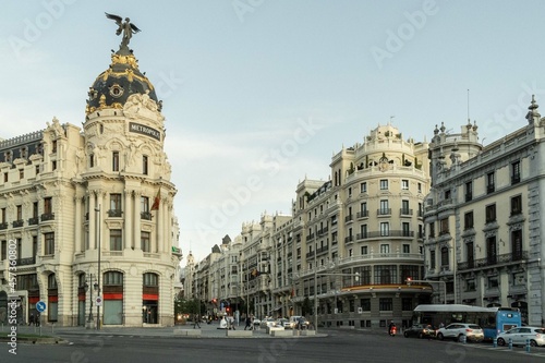 Madrid, Spain. October 1, 2019: Emblematic buildings and traffic on Gran Vía avenue.