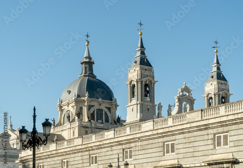 Madrid, Spain. October 1, 2019: Royal Palace of Madrid and blue sky.