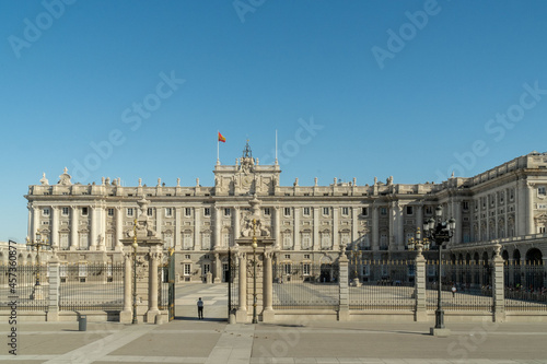Madrid, Spain. October 1, 2019: Royal Palace of Madrid and blue sky.