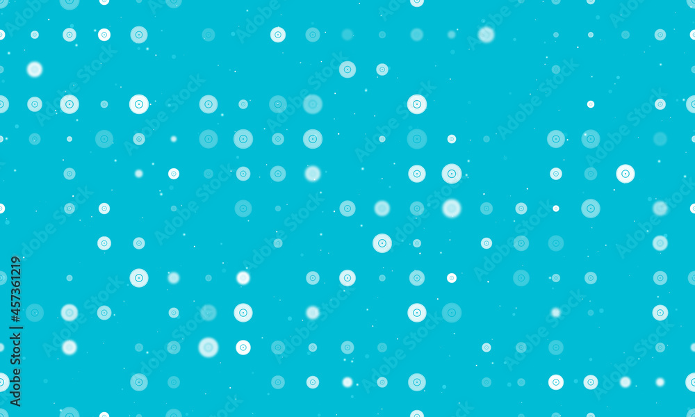 Seamless background pattern of evenly spaced white gramophone record symbols of different sizes and opacity. Vector illustration on cyan background with stars