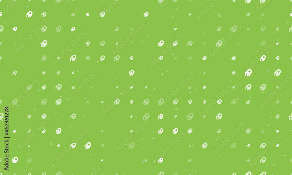 Seamless background pattern of evenly spaced white real estate location symbols of different sizes and opacity. Vector illustration on light green background with stars Seamless background pattern of evenly spaced white real estate location symbols of different sizes and opacity. Vector illustration on light green background with stars