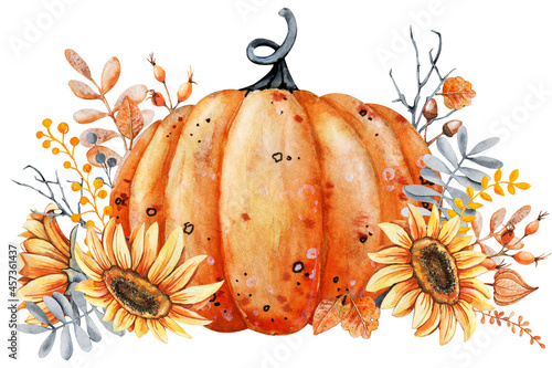 Pumpkin, sunflower and fall leaves bouquet. Thanksgiving and Halloween design template. Hello autumn illustration. Harvest festival. Hand drawn watercolor illustration isolated on white background
