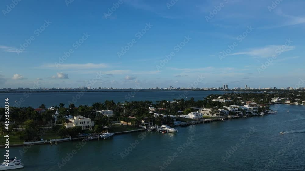 Aerial View of Venetian Islands, Biscayne Bay With Downtown Miami, Florida USA in Skyline, Panoramic Drone Shot Aerial View of Venetian Islands, Biscayne Bay With Downtown Miami, Florida USA in Skyline, Panoramic Drone Shot