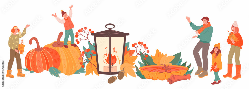 Autumn background with happy family at  seasonal harvest festival. Banner background for autumn sale, farm harvest market. Street festival for Thanksgiving and Halloween, flat vector isolated.