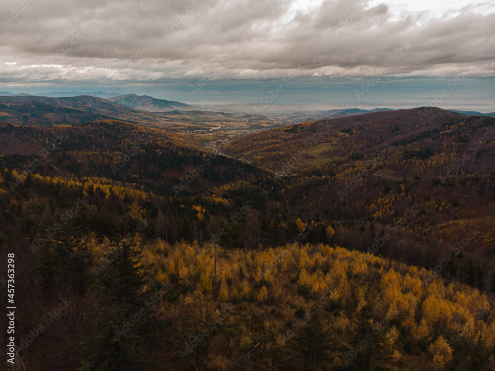 Beskids mountain range in Poland from a drone view.