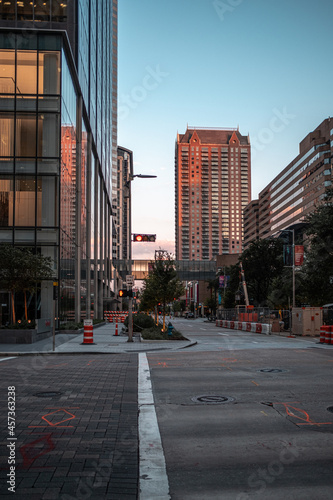Downtown Houston  Texas area with a beautiful golden hour light. 