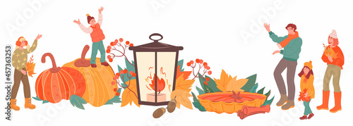 Autumn background with happy family at  seasonal harvest festival. Banner background for autumn sale, farm harvest market. Street festival for Thanksgiving and Halloween, flat vector isolated.