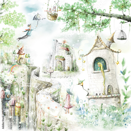 a magical forest with a fairy-tale house and a small path going into the distance