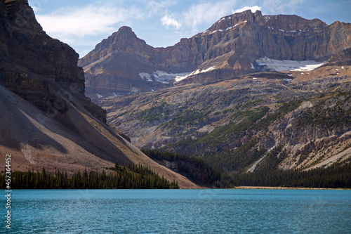 The snow on the peaks over bow lake in Jasper National Park