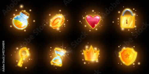 Game icon set, vector casino interface reward kit, golden crown, potion flask, award shield, magic glow. UI mobile app 2D design elements, treasure trophy pack, lock, hourglass. Game icon collection