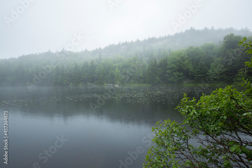 Fog and mist enshroud Lake Solitude in Newbury, New Hampshire.