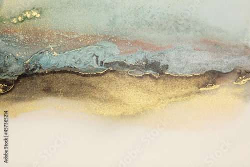 Art Abstract smoke painting blots horizontal background. Alcohol ink blue, beige and gold colors. Marble texture. © Liliia
