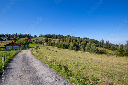 Dirt road in the Silesian Beskids, mountain landscape with small village near Wisla in Poland