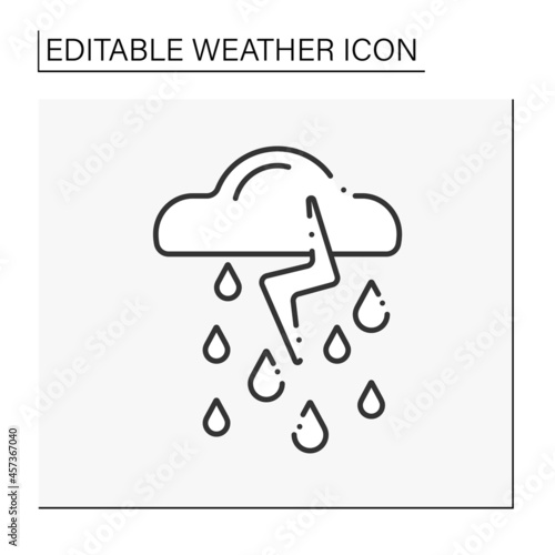 Storm line icon. Heavy rain with lightning and thunder. Thunderstorm with thunder clouds. Bad weather. Weather concept. Isolated vector illustration. Editable stroke