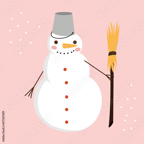 Cute cartoon snowman wipers with a bucket on his head and a broom rejoices in the winter on a pink background. Vector flat illustration.