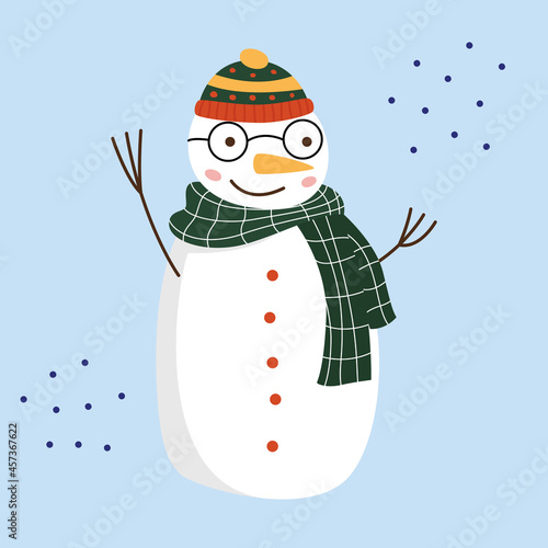 A cute cartoon snowman student with glasses from sight, in a hat and a green scarf, stands on a blue background. Vector flat illustration.