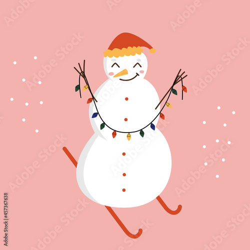A cute cartoon snowman in a red hat holds a Christmas tree garland with his hands-branches and stands on skis. Vector flat illustration.