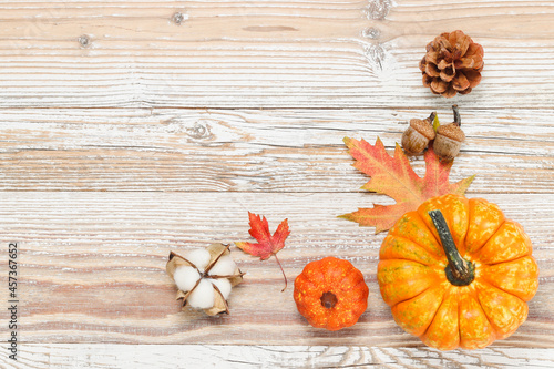 Frame with pumpkins and autumn decorations in the corner at the white wooden background. Thanksgiving day and autumn theme