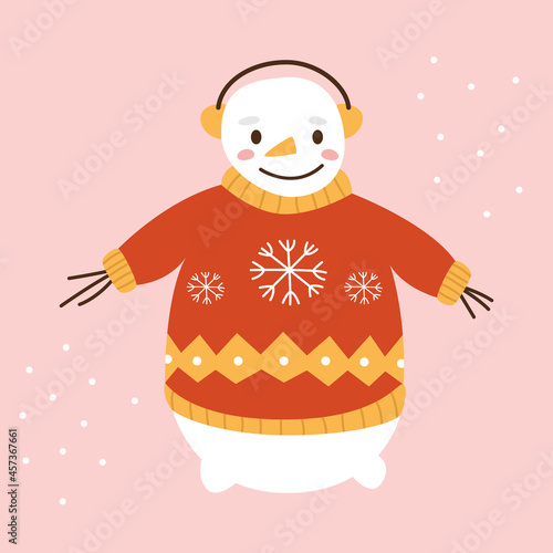 Cute cartoon snowman in a red sweater and earmuffs rejoices in the winter on a pink background. Vector flat illustration.