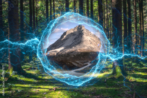 Magical portal between green forest and mountains