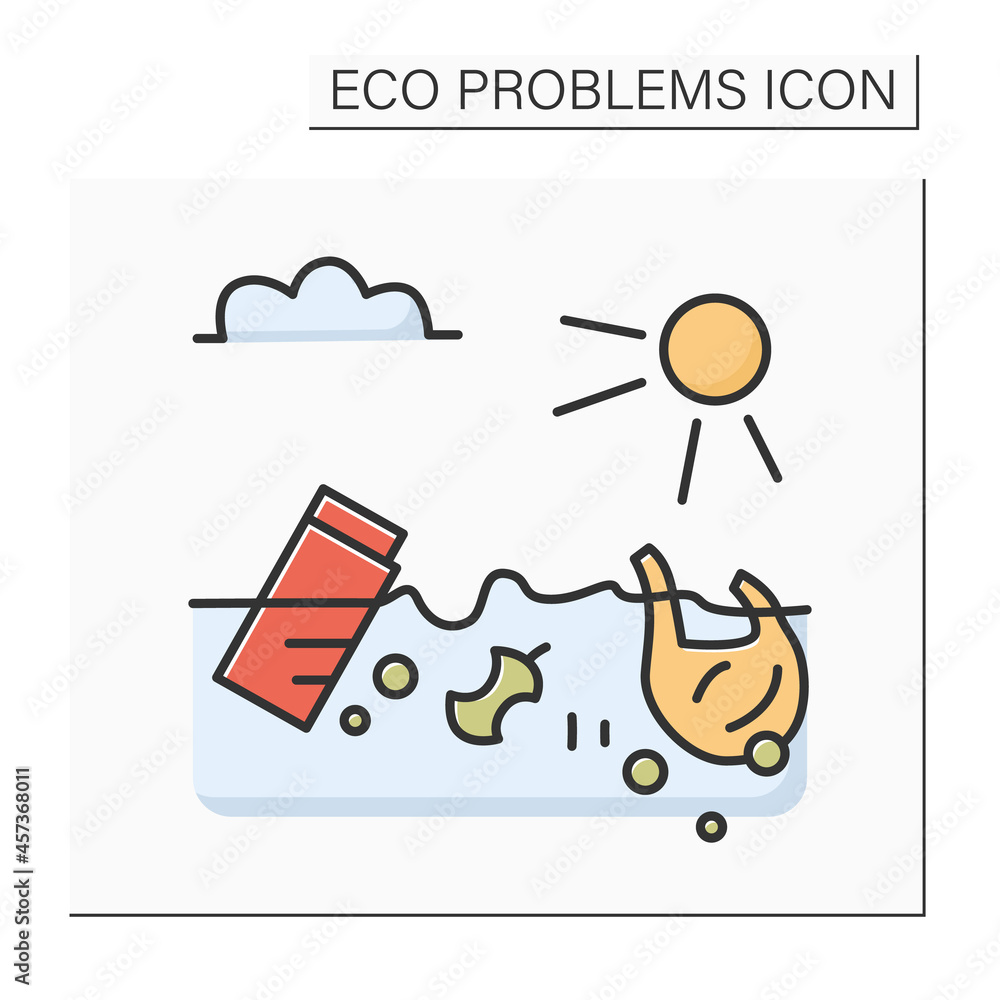 Ocean trash color icon. Plastic waste floating on water. Concept of sea microplastic and marine ecosystem waste contamination problem. Isolated vector illustration