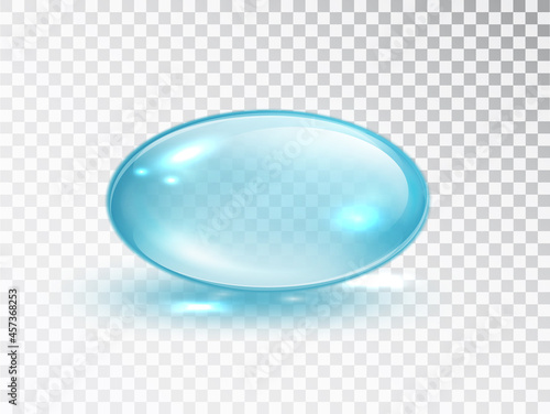 Blue Capsule. Oval bubble isolated on transparent background. Cosmetic oil capsule of vitamins and minerals. Vector realistic droplet of gel pill icon template