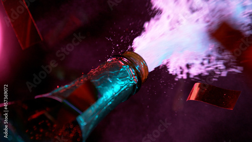 Freeze motion of Champagne explosion with flying cork closure, opening champagne bottle closeup, neon bokeh glitters on background. © Lukas Gojda