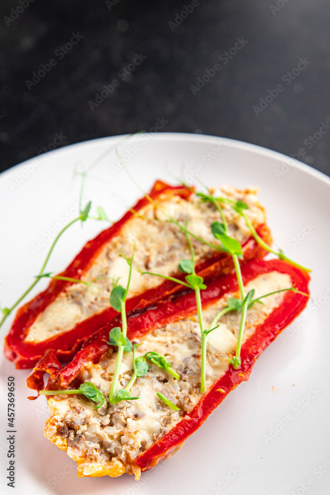 pepper stuffed vegetables meat pork, beef or chicken meat veggie fresh portion ready to eat meal snack on the table copy space food background rustic keto or paleo diet pepper stuffed vegetables meat pork, beef or chicken meat veggie fresh portion ready to eat meal snack on the table copy space food background rustic keto or paleo diet