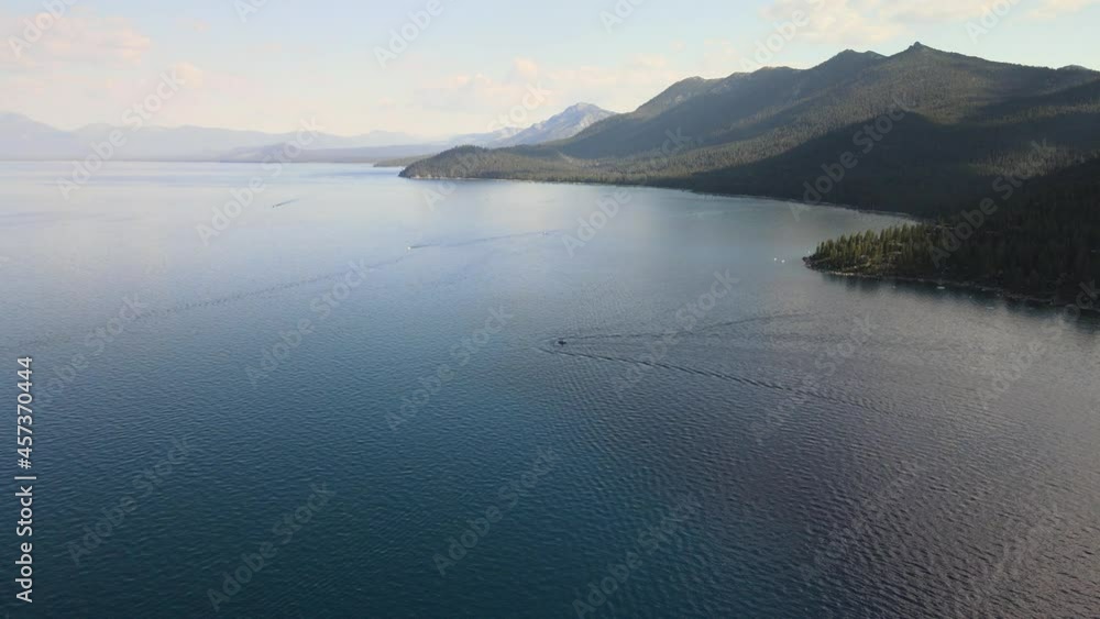 Drone flying over Rubicon Bay flying in the direction of South Lake Tahoe. Drone flying over Rubicon Bay flying in the direction of South Lake Tahoe.