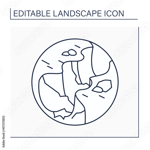 Gorge line icon. Narrow valleys between hills or mountains. Steep rocky walls with stream.Landscape concept.Isolated vector illustration. Editable stroke